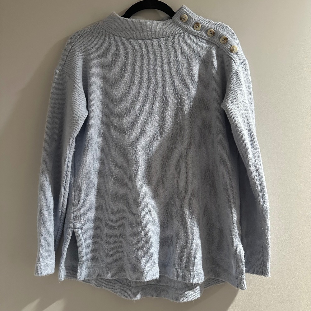 LOFT Sweater Womens Sm Blue Good Mock Neck Shoulder Button Ribbed Knit Side Slit